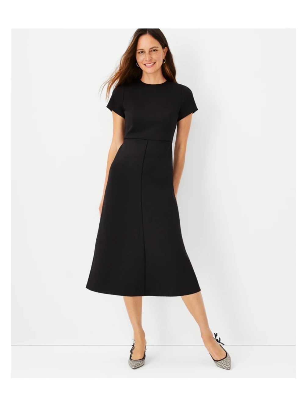 Ann Taylor Black Short-Sleeve Fit-and-Flare Midi Dress